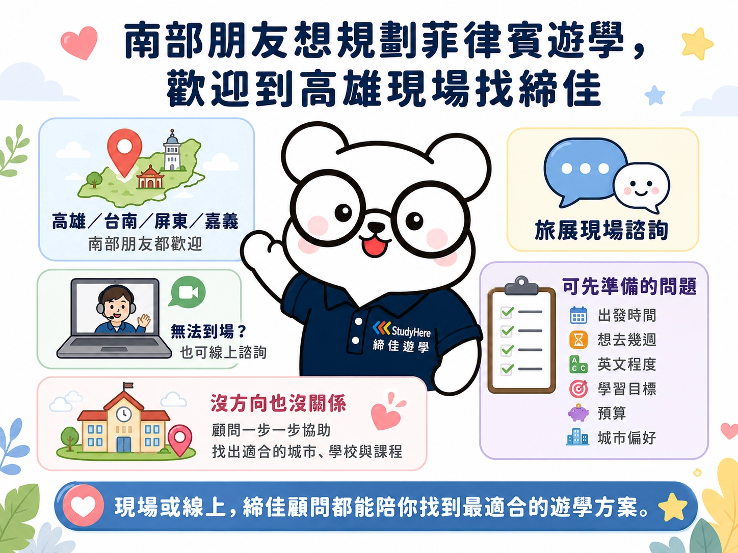 南部朋友想規劃菲律賓遊學，歡迎到高雄現場找締佳，其他縣市也可以透過線上諮詢