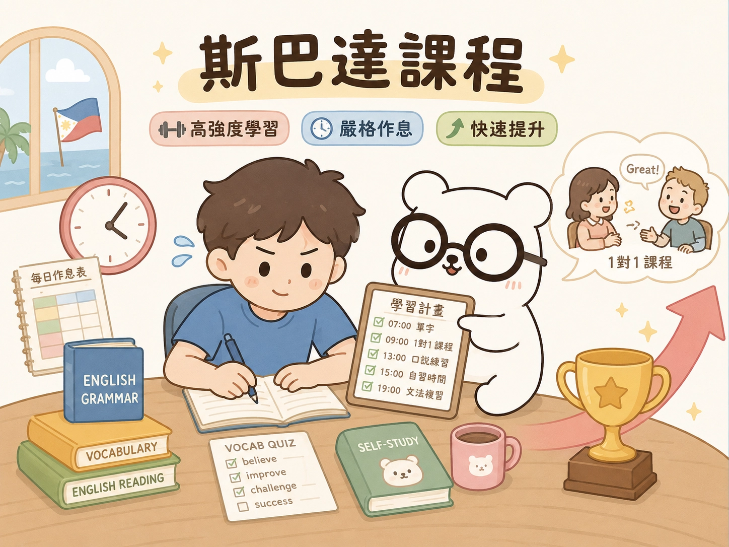 什麼是斯巴達課程?斯巴達課程是一種高強度、規律且管理較嚴格的英文學習模式,常見於菲律賓語言學校。課程特色通常包含密集的一對一課程、小團體課、晚自習、單字測驗、出席管理與較嚴格的門禁規定。