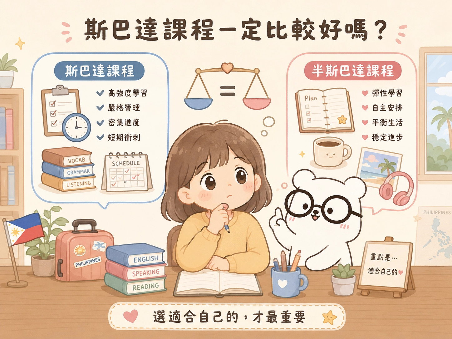 選擇課程時不應只看「斯巴達」或「半斯巴達」名稱,而是要評估自己的英文程度、學習目標、個性、預算、遊學週數與生活期待。