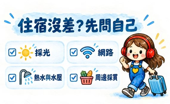 住宿沒差？先問自己這 4 題 採光在意嗎？網路要多穩？需要熱水與水壓嗎？周邊採買方便嗎？