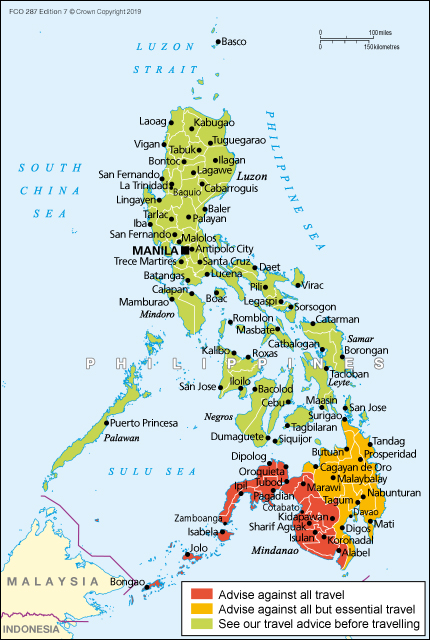 英國旅遊警示網站顯示菲律賓南部群島較不安全不宜前往
